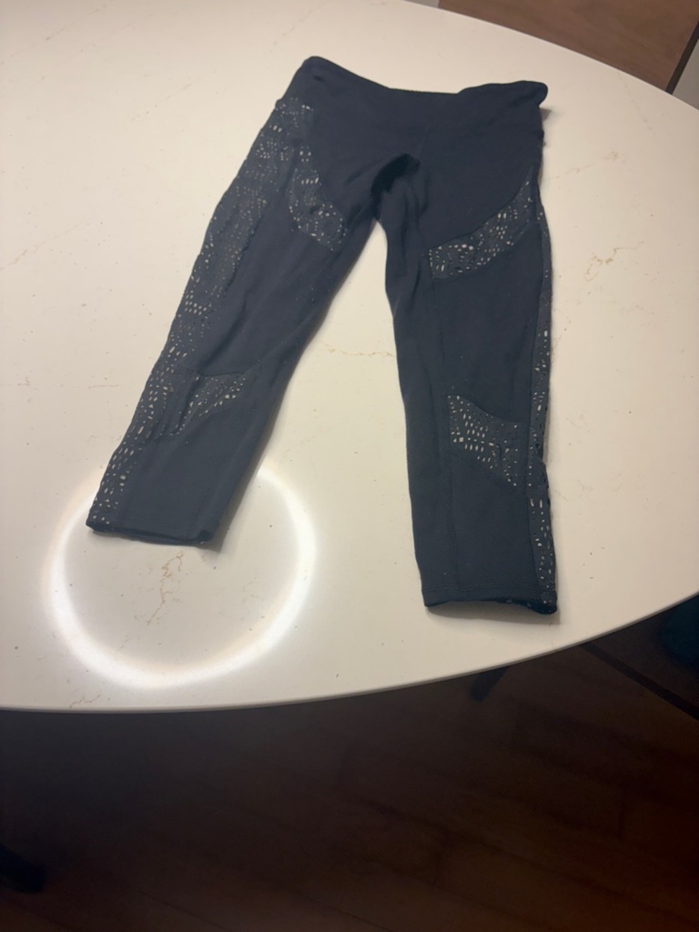 ALO Yoga Black Capri Leggings with Laser-Cut Panels
